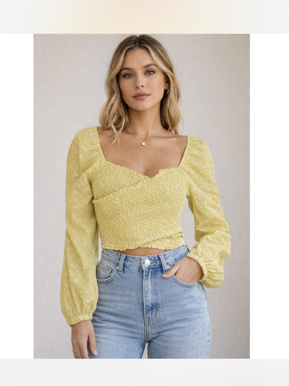American Eagle Long Sleeve Smocked Crop Blouse Green White Floral